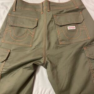 True Religion Olive Cargo Pants with Orange Stitching